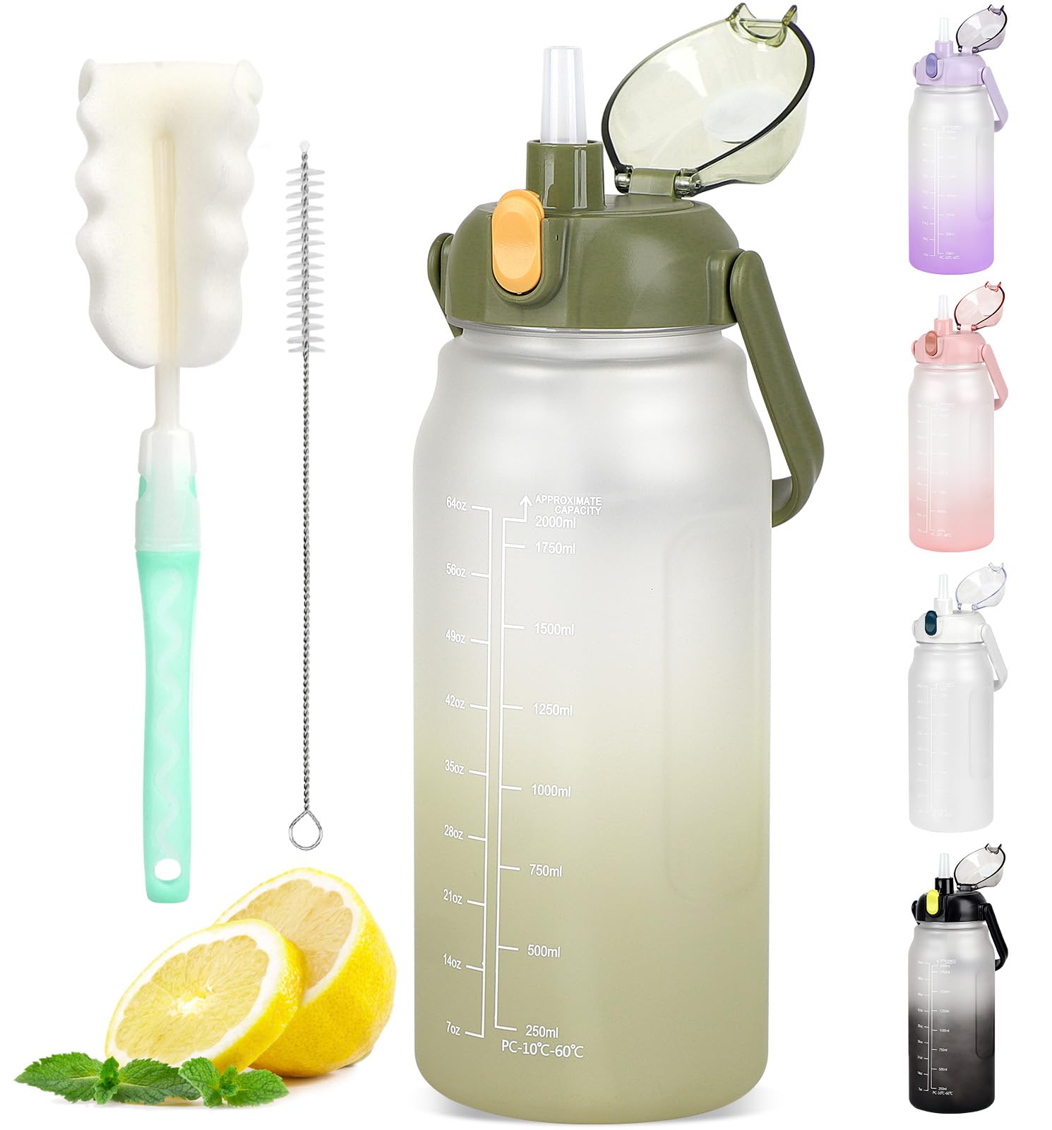 GXCROR Water Bottle 2 L with Straw, Leak-Proof, Dishwasher Safe, Time Marking, Sports Gym Water Bottle