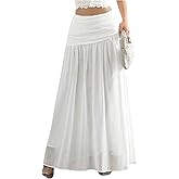 SHENHE Women's Chiffon Flowy Maxi Skirt Ruched Low Rise A Line Fall Long Fairy Skirt