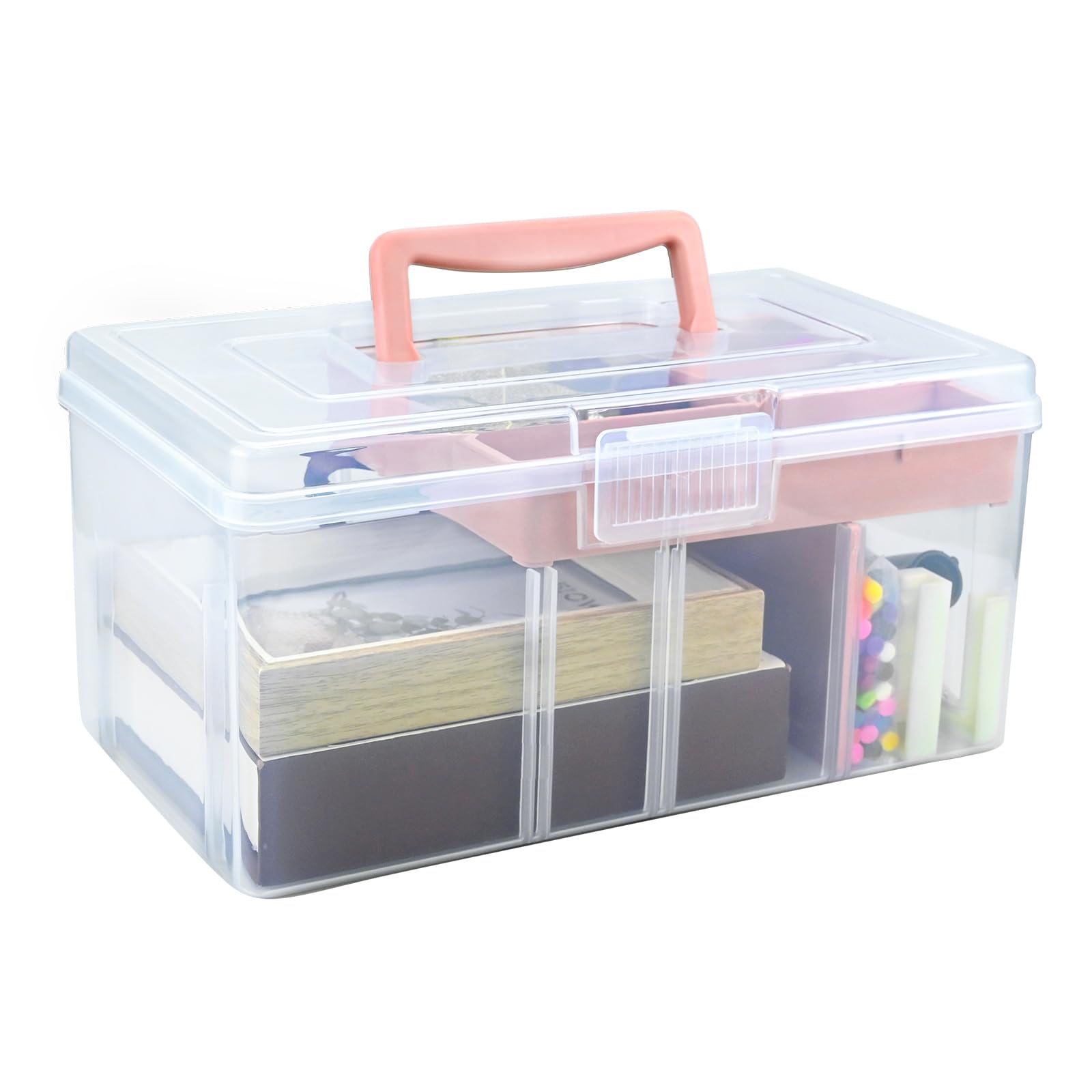 Joyseedi Stackable Clear Storage Craft Box with Lid, Mulit Purpose Storage Boxes with Compartment Tray Plastic, Medicine Chest Portable for Storing Toys, Arts Crafts, Stationery, Fishing (Pink)