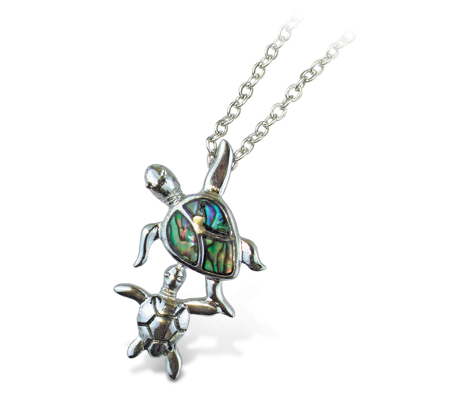 Puzzled Multi-Colored Aqua Sea Turtle Necklace, 18 Inch Elegant Silver New Zealand Paua Shell Pendant Ocean Marine Sea Life Beach Themed Fashion Neck Accessory