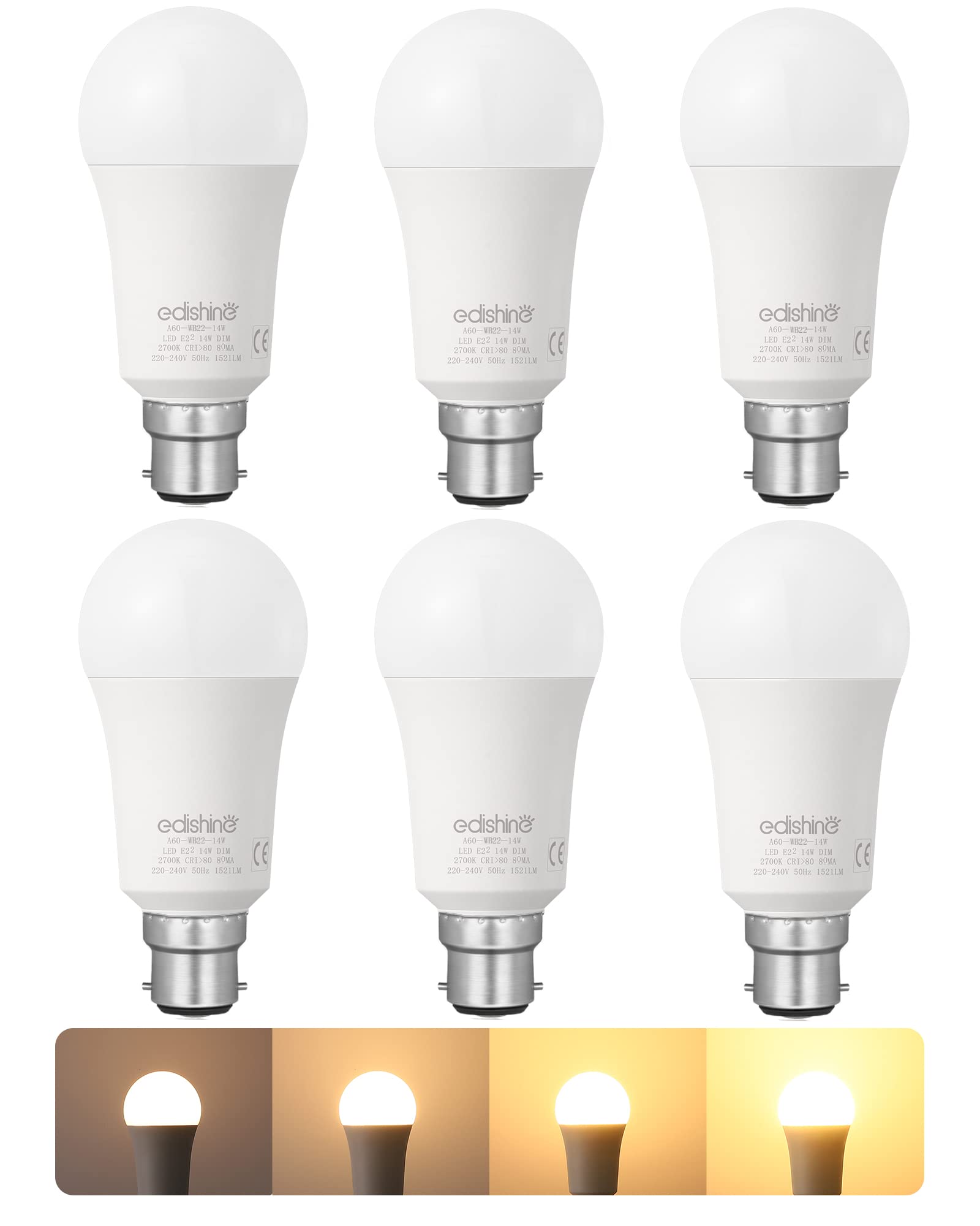 EDISHINE 6 Pack Dimmable Bayonet Light Bulb, Warm White 2700K, 14W LED Bulb, BC GLS A60 Energy Saving Light Bulb, B22 Bulb for Table lamp, Chandelier, Pendant Light