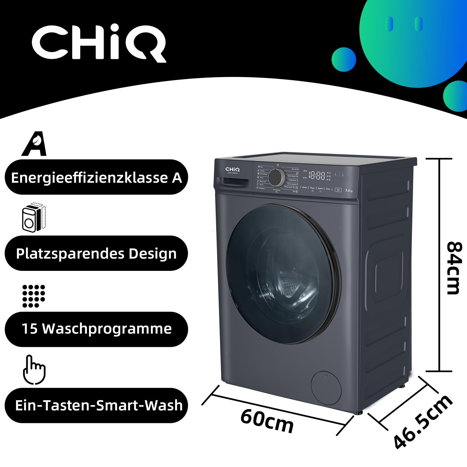 CHiQ Waschmaschine 7kg, InverterMotor, EEK A| 60x46,5x84cm, Große Tür| Eco, Speed Wash, Auto Clean, Kindersicherung|1200 U/Min, Washer Grau, CW07123863AX 2