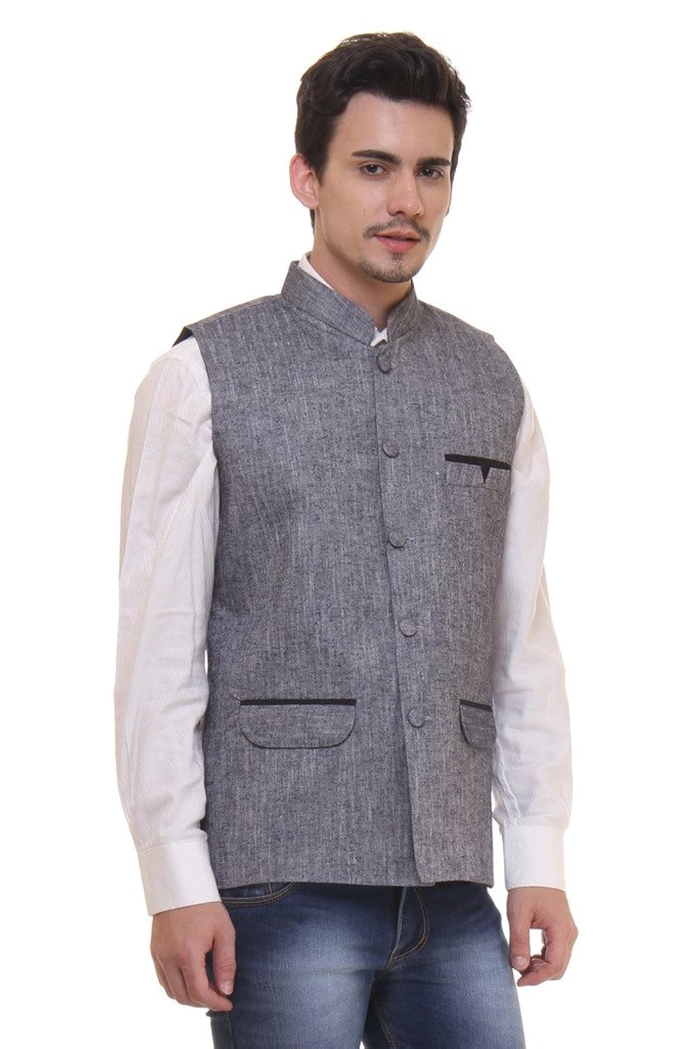 routeen grey casual formal wear waistcoat linen jacket for men