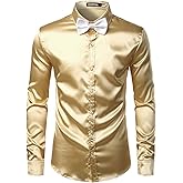 ZEROYAA Men's Luxury Shiny Silk Like Satin Button Up Dress Shirts