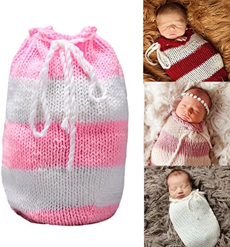 Sunmig Newborn Baby Photo Prop Sleeping Bag Handmade Crochet Knitted Photography (Pink&White)