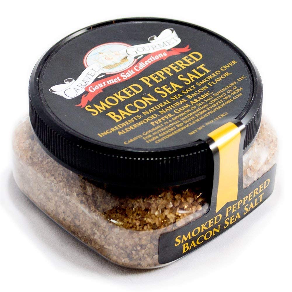 Smoked Peppered Bacon Sea Salt - All-Natural, Slowly-Smoked Sea Salt with Bacon & Peppercorns - Cooking, Seasoning & BBQ Grilling Flavor - 4 oz. Stackable Jar