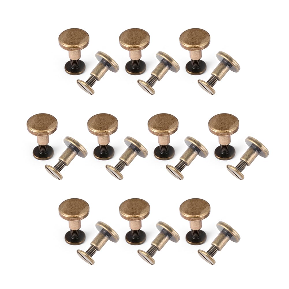 Rivet Head Nails and Screws, 20Pcs Flat Belt Binding Screw 8mm Chicago Leather Fasteners Button Stud Slotted Copper Brass Rivets Replacement for DIY Leather Decoration Shoes Repairs Bookbinding