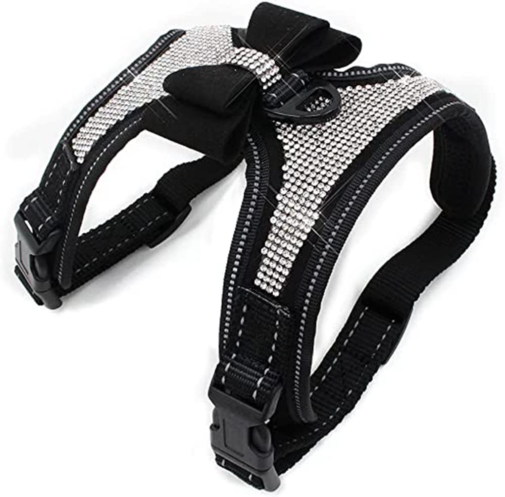 Dog Harness with Rhinestone Reflective, Cute Bling Ties Dog Harness Dog Leash, Reflective Chest Strap with Shiny Bow