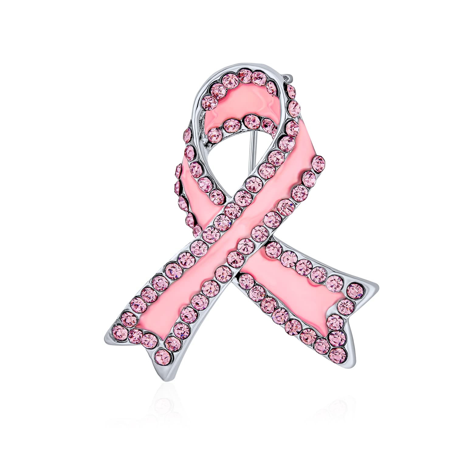 Pink Ribbon Breast Cancer Survivor Crystal Edge Brooch Pin - Silver Plated with Enamel Finish - Empowering Jewelry for Women in Support of Awareness and Prevention — image 1