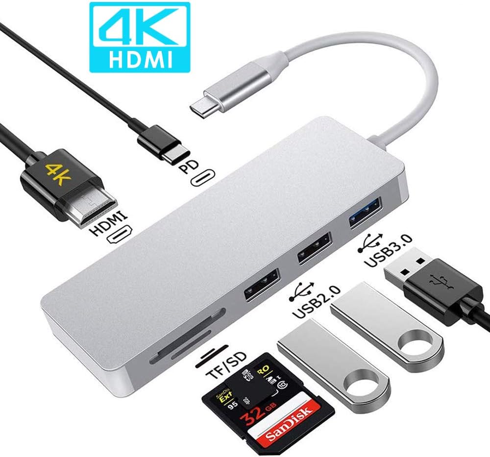 USB C HUB, 7 in 1 MacBook Pro 13/15 Inch Adapter Accessories with USB 3.0/2.0 Ports, TF/SD Card Reader, 4K HDMI Port, USB C Power Delivery, Compatible with MacBook Air/MacBook Pro 2017-2019 (Silver): Computers & Accessories