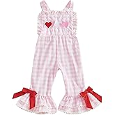 RWYBEIW Toddler Baby Girl Valentines Day Outfit Love Embroidery Strip Ruffle Bell Bottom Suspender Overalls Jumpsuit Clothes