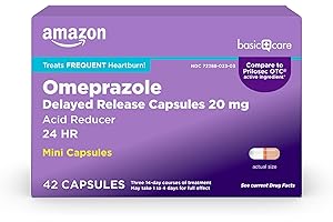 Amazon Basic Care Omeprazole Delayed Release Mini Capsules 20 mg, Acid Reducer, 24HR Heartburn Relief, 42 Count Pack
