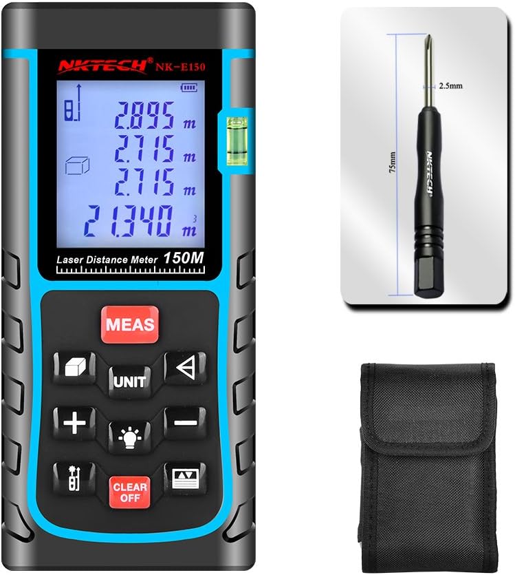 NKTECH Laser Distance Meter Laser Rangefinder 40m 60m 80m 100m 120m 150m Range Finder Tools m/in/ft Length Tape Area Volume Angle Measuring IP54 Air Bubble Level (NK-E150 492ft)