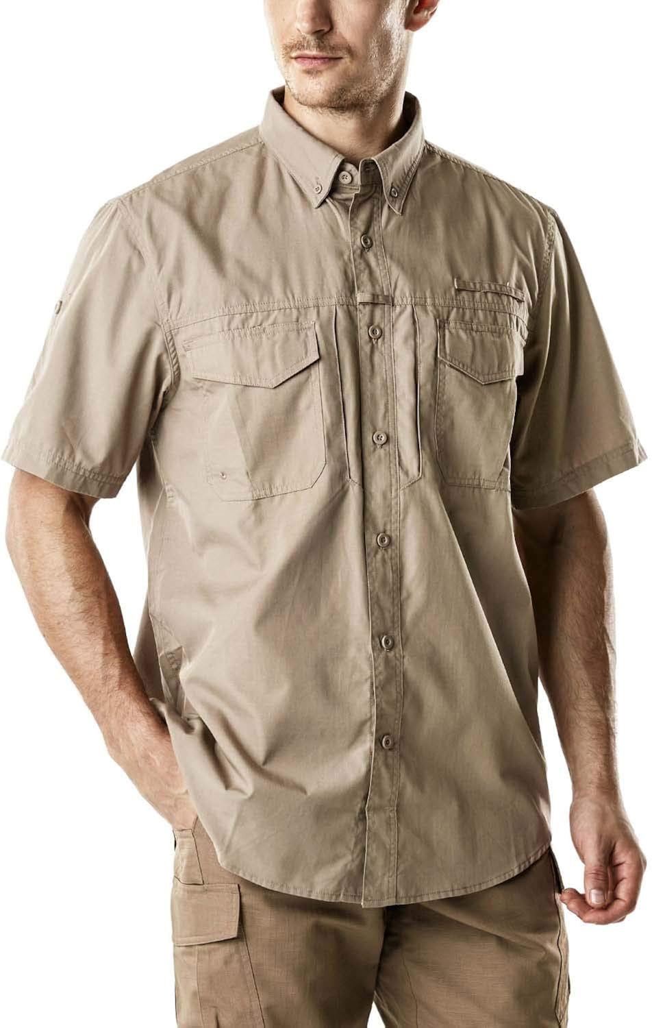 CQR Men's Short Sleeve Work Shirts, Ripstop Military Tactical Shirts, Outdoor UPF 50+ Breathable Button Down Hiking Shirt at  Men’s Clothing store