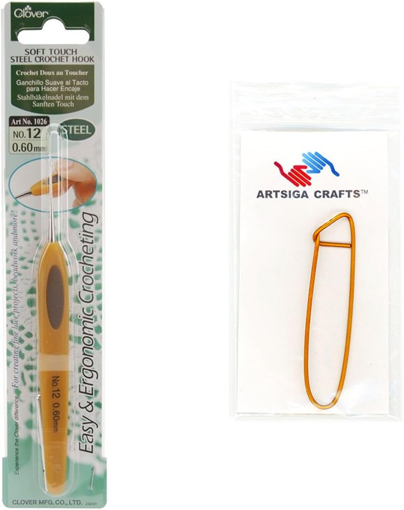Clover Needlecraft Soft Touch Steel Crochet Hook Size 12/.6mm Bundle with 1 Artsiga Crafts Stitch Holder 1026