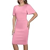 Aphratti Women's Short Sleeve Work Sheath Midi Dress Elegant Fitted Cocktail Party Church Funeral Outfit