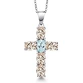 Gem Stone King 925 Sterling Silver Peach Morganite and Sky Blue Topaz Cross Pendant Necklace for Women | 3.00 Cttw | Gemstone October Birthstone | Oval 6X4MM | With 18 Inch Chain