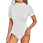 Milumia Women's Casual Ruched Mock Neck T Shirt Short Sleeve Tee Bodysuit Jumpsuit