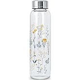 WENLIM Clear Water Bottle 16 oz BPA Free Glass Drinking Bottle for Juice with Stainless Steel Lid and Neoprene Sleeve (16 ounce, Scattered Flowers)