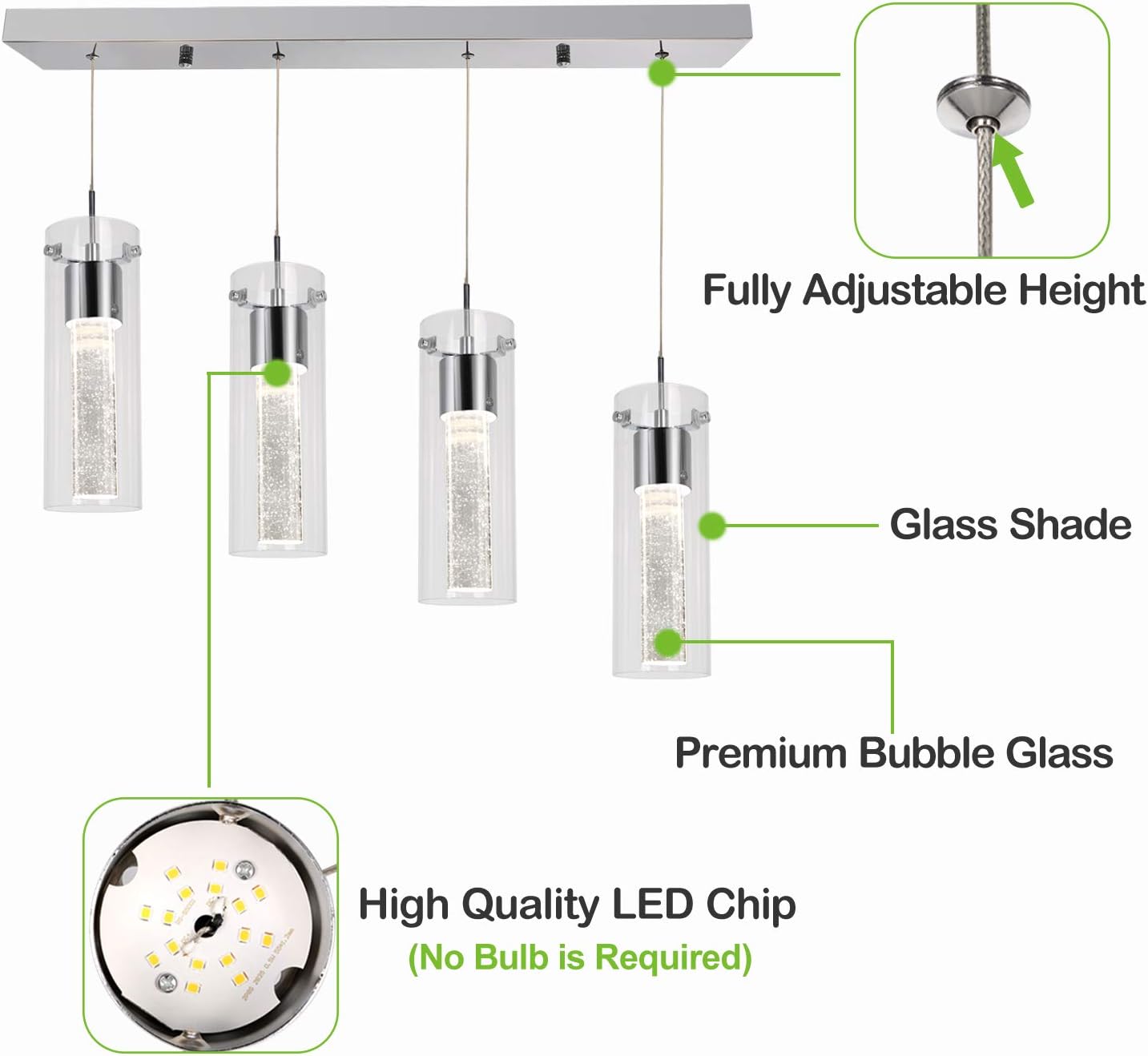 4-Light Pendant Ceiling Fixture, Integrated LED Kitchen Lighting, 26W (150 Watt Equivalent) CRI 90+, 1950lm Premium Bubble Glass with Chromed Finished ETL Listed - - 