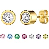 GoldChic Jewelry 5mm Cubic Zirconia Bezel Set Stud Earrings Gold, Interchangeable Earrings,Stainless Steel Birthstone Earrings, 7 pairs CZ Stone Stud Earrings set for Women