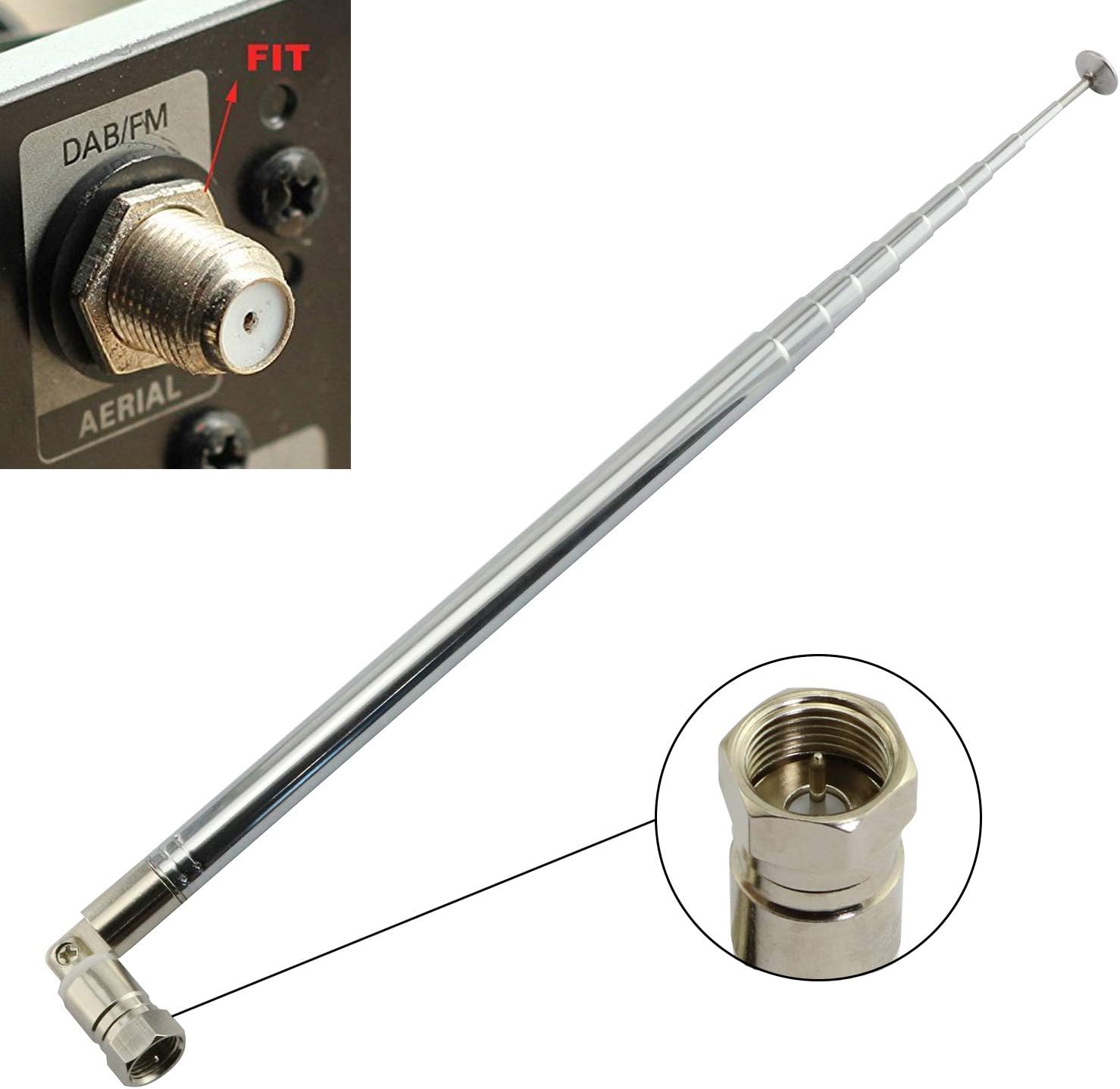 RuiLing 1-Pack 1.2m Telescopic Aerial Antenna with F Type Male Connector, Radio Stereo Receiver for DAB AM FM TV Home Audio Radio Replacement 75 Ohm 10 Section