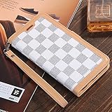 Luxury Designer Leather Wallet Case for Apple iPhone 6 Plus 6+ 6Plus White Beige Checker Plaid 3-Slots Card Pockets Built-in Kickstand Soft Silicone Skin Hand Strap Magnetic Closure Slim Fit Gift for Men Women Classic Classy Style High Grade Business Decent Design