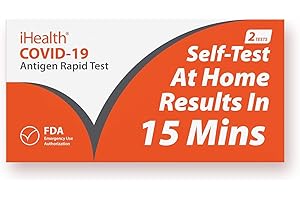 iHealth COVID-19 Antigen Rapid Test, 1 Pack, 2 Tests Total, FDA EUA Authorized OTC at-Home Self Test, Results in 15 Minutes with Non-invasive Nasal Swab, Easy to Use & No Discomfort