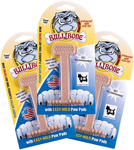 Bullibone Nylon Dog Chew Toy Small Nylon Bone - Improves Dental Hygiene, Easy to Grip Bottom, and Permeated with Flavor (3-Pack, PB)