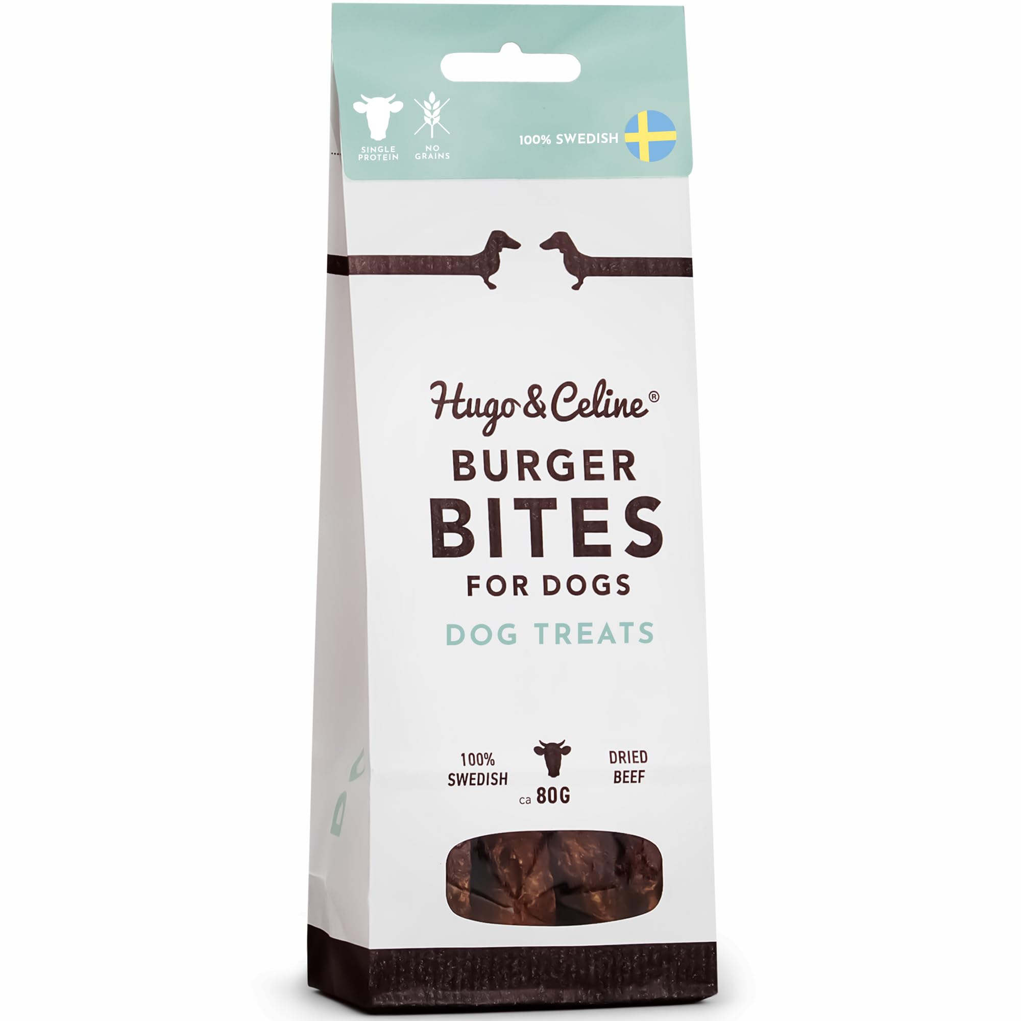 Hugo & Celine Burger Bites Dog Treats - 100% Pure Swedish Beef, Natural, Healthy, Grain Free, Low Fat Treat. For Puppies, Small, Medium and Large Dogs. 80g