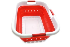 SAMMART 41L Collapsible 3 Handled Plastic Laundry Basket - Foldable Pop Up Storage Container/Organizer - Portable Basket - Space Saving Hamper/Basket (3 handled rectangular, White/Red)