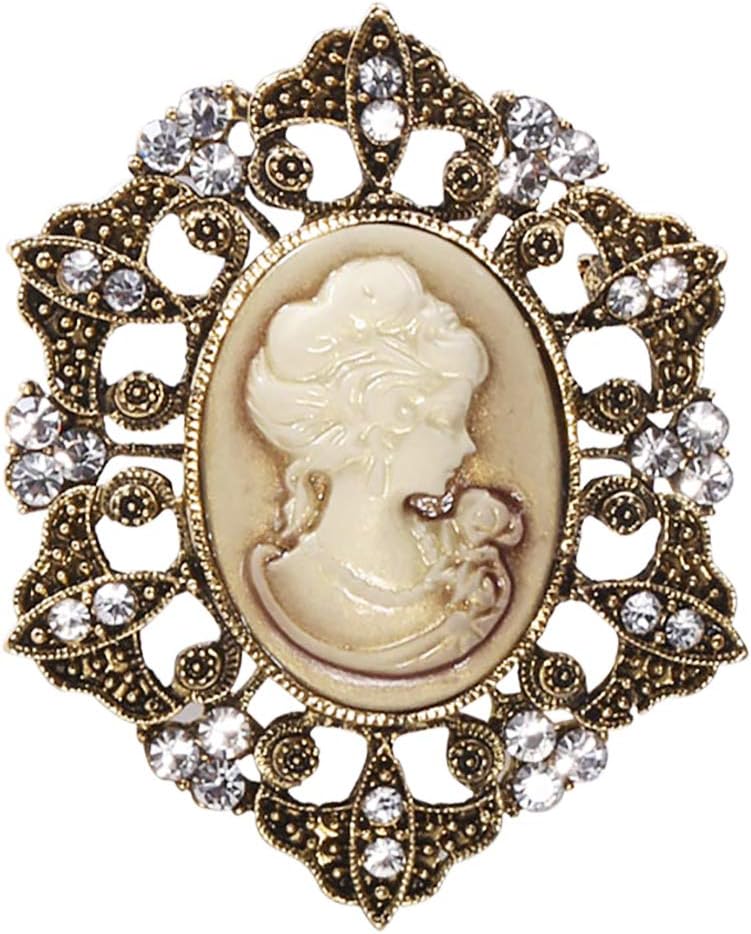SELOVOVintage Lady Maiden Cameo Brooch Pin Set Antiqued Gold Tone