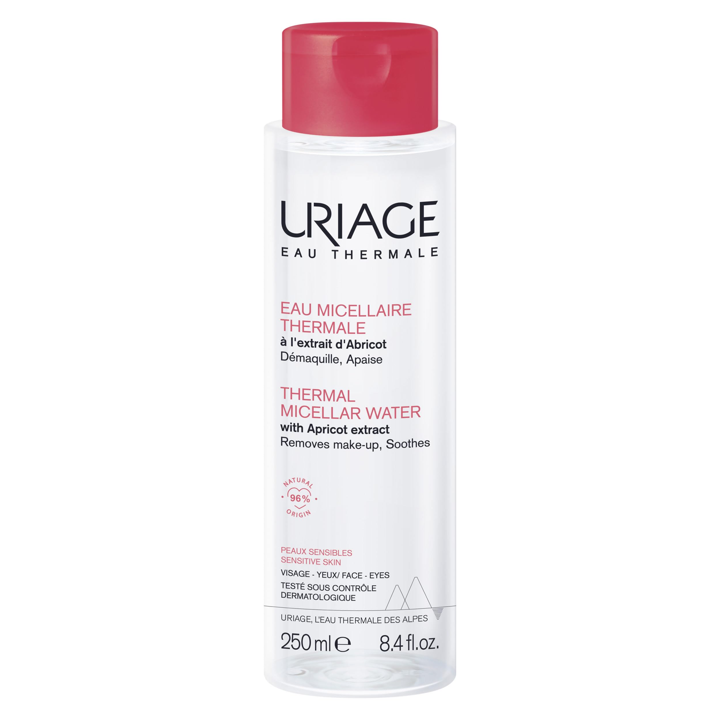 Uriage Thermal Micellar Water for Sensitive Skin 250ml - Face & Eyes - 3-in-1: Cleanses, Removes Makeup & Soothes - No rinse - Fruity & Floral Scent - 96% Ingredients of Natural Origin