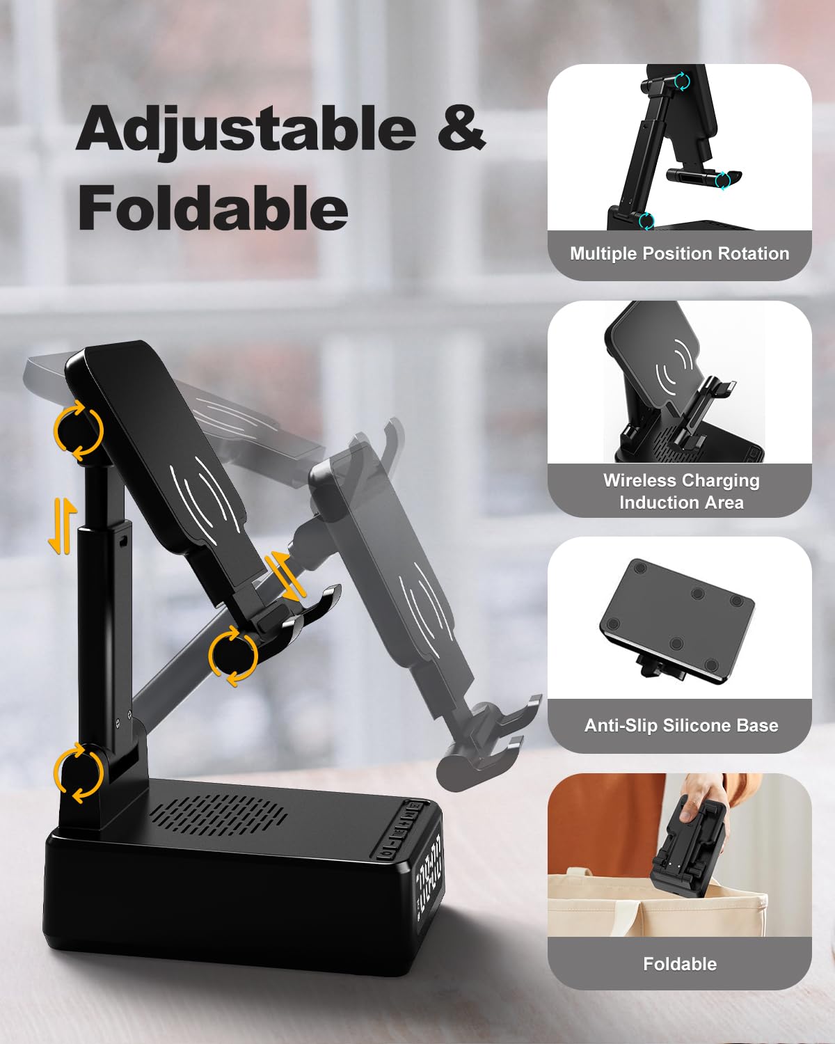 Birthday Gifts for Men Women, Bluetooth Speaker with Wireless Charger & Phone Stand, Gifts for Him, Foldable Angle & Height Stand with Alarm Clock, Ideal for Dad Mom, Tech Gadget Stocking Fillers