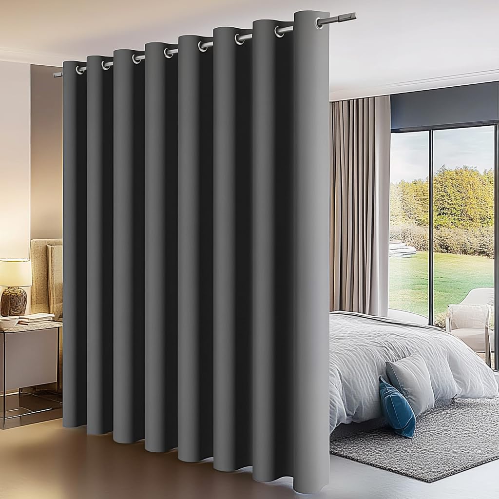 PANOVOUS Thick Blackout Room Divider Curtain – Thermal Insulated Privacy Panel for Bedroom or Sliding Glass Doors, Stylish Eyelet Design, Luxurious GREY, 1 Panel, 100W x 108L Inch
