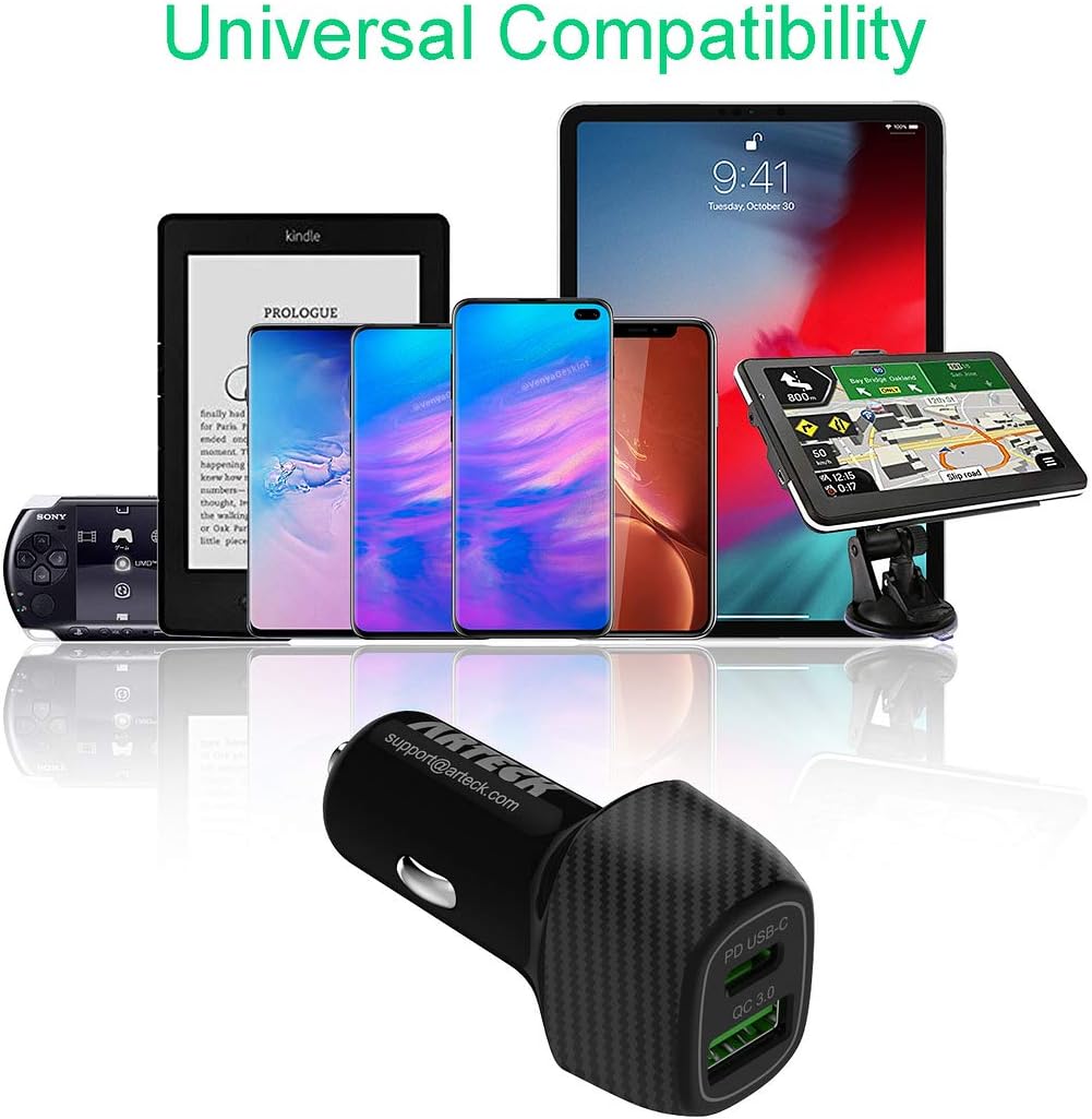 Car Charger, Arteck 40W/8A PD USB-C Type C/Quick Charge 3.0 USB Port Adapter with 2 USB Port - Image 5