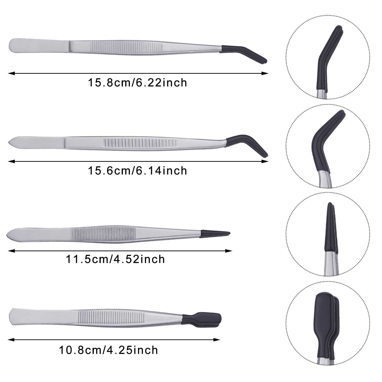 DragonflyDreams 4 Pieces Tweezers with Rubber PVC Coated Set, Straight Tip Tweezers Rubber Flat Tip Long Bent Tweezer for Crafts Stamps Beads Jewelry Tools (Rubber Tweezer)