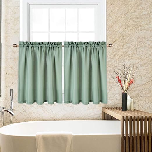 30 Inch Sage Green Kitchen Curtains, Waffle Woven Textured