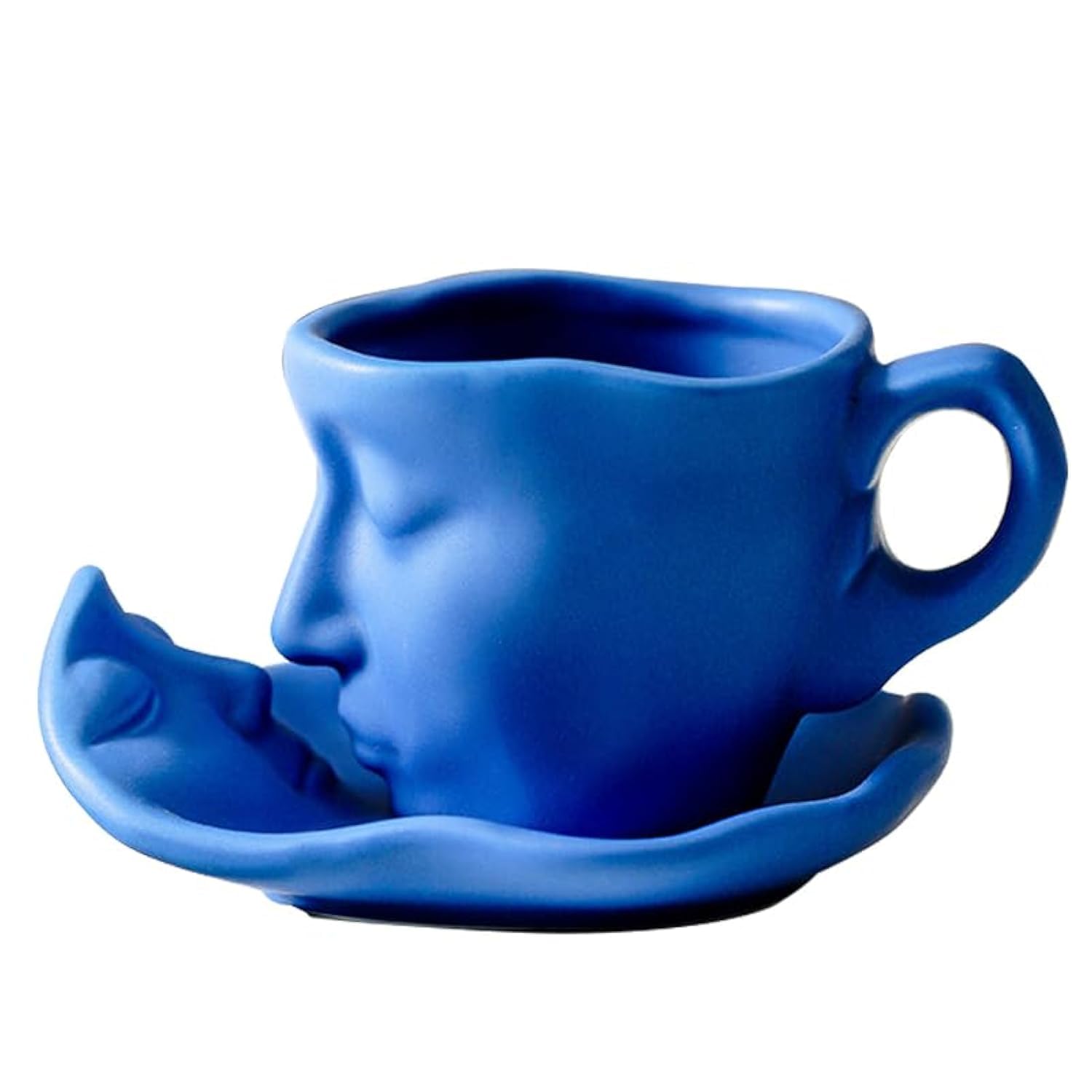soulnioi Ceramic Tea Cup and Saucer Set Human Face Kissing Couple Coffee Mug Teacup (260ml), Creative Gift for Friends/Family (Blue)