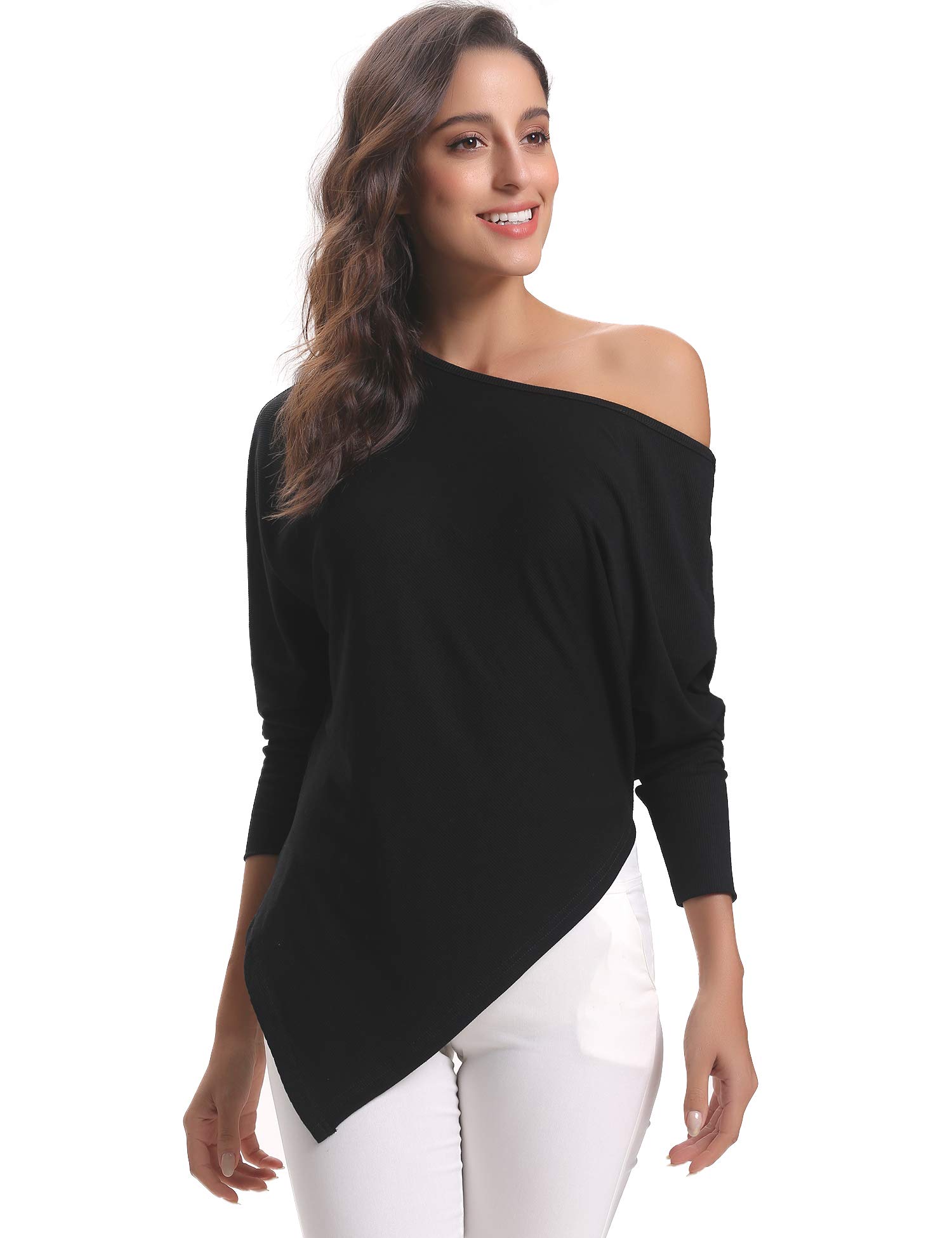 Abollria Women\'s Off Shoulder Knit Jumper Long Sleeve Pullover Fringed Hem Sweater