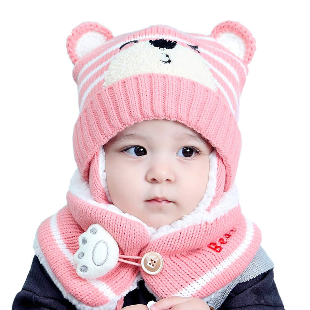 Bozaap Winter Baby Hats,Toddler Winter Warm Scarf Hat Neck Warmer Cute Knitted Hat Scarf Set Baby Earflap Beanie Hat with Scarf (Pink)