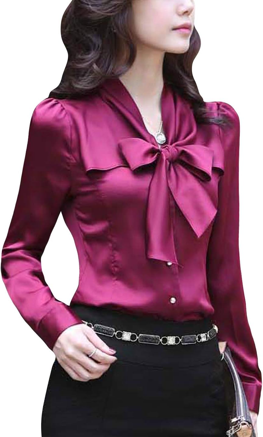 HUPOO Women's Slim Bow Knot Basic OL Business Office Silk Shirts Blouse