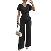 LOOKBOHO Jumpsuits for Women Ruffle Short Sleeve Button V Neck Dressy Wide Leg Romper 2026 Summer One Piece Outfits