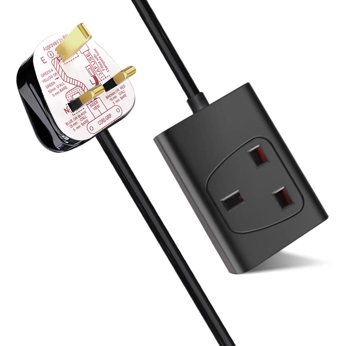 ExtraStar 1 Way Gang Single Socket Mains Power Extension Lead 13A UK 3Pin Plug - 3 Metre Cable, Black