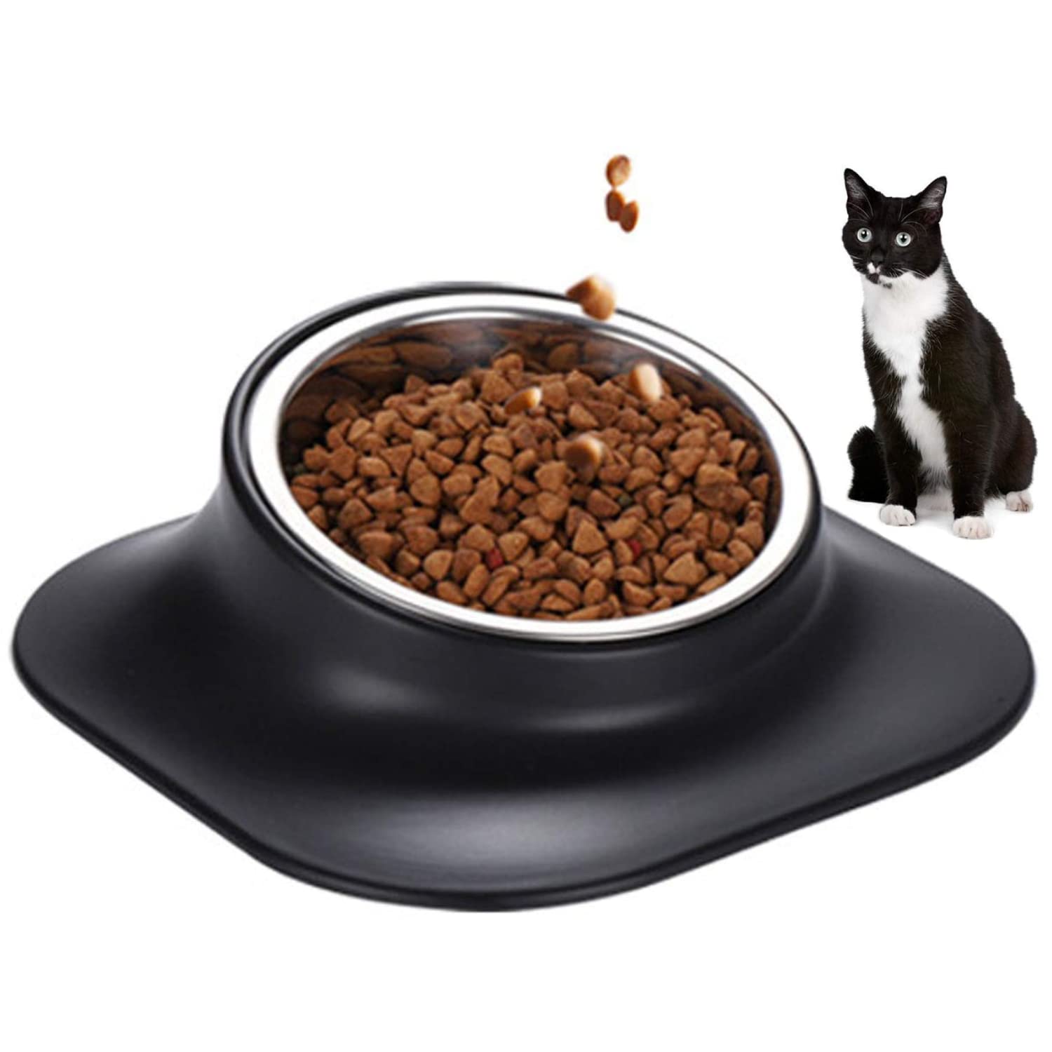 Raised Cat Bowl Puppy Bowl,420ml kitten bowl with stand,Stainless Steel Pet Bowl, 15° tilted Non-slip Protect the Spine Cat Food Bowl, Pet Feeding Bowl Suitable for Cats and Small Dogs
