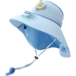 Cute Solar Powered Fan Hat for Kids - Girls Boys Cap with USB Rechargeable Fan with Whistle, Breathable Mesh Outdoor Sun Hat