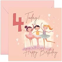 4th Birthday Card For Girls - Pink Crown Ballerina Greeting Card With Stickers