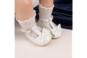 Infant Baby Girls Mary Jane Flats with Bownot Non Slip Newborn Toddler Wedding Loafers First Walker Cirb Dress Shoes
