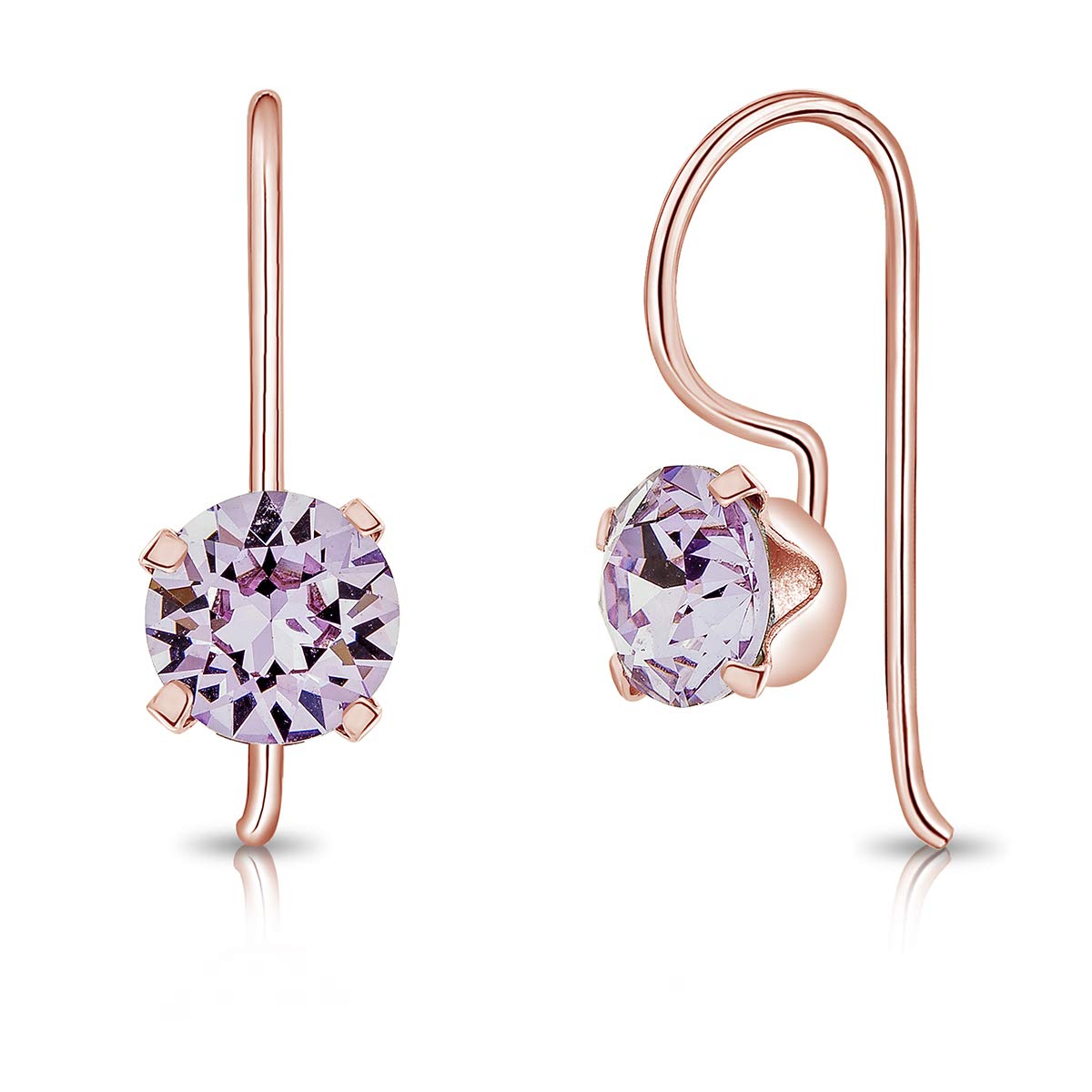 DTPSilver - 925 Sterling Silver Rose Gold Plated Round Fixed Hook Earrings made with Glittering Crystals from Swarovski® Elements - Diameter: 6 mm - Colour : Violet