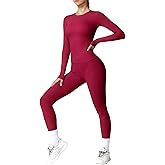 LAITEGOG Women's 2 Piece Yoga Sets Long Sleeve Gym Tracksuit High Waist Running Leggings & Crop Top Outfits